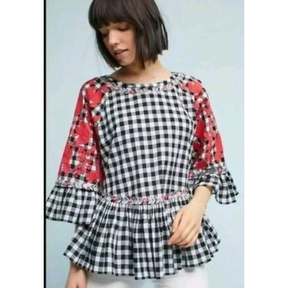 Anthropologie Tops - $148 Anthropologie Pankaj Nidhi Gingham Embroidered Top Size Small